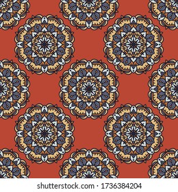 Seamless vector pattern with mandalas. Stylish background with decorative ethnic ornament. Bright textile boho design.