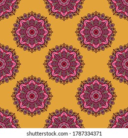 Seamless vector pattern with mandalas. Stylish background with decorative ethnic ornament. Bright textile boho design.