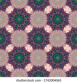 Patrón vectorial sin foco con mandalas. Diseño textil con motivos étnicos orientales. Fondo con ornamento circular abstracto.