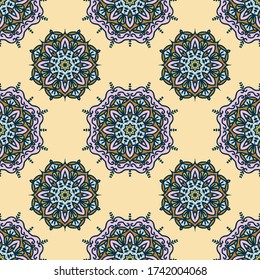 Patrón vectorial sin foco con mandalas. Diseño textil con motivos étnicos orientales. Fondo con ornamento circular abstracto.