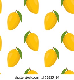 Seamless vector pattern with mango on a white background. Suitable for the design of textile fabric, wrapping paper, and wallpaper for websites. Vector illustration.