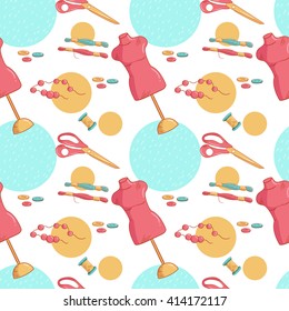 Seamless vector pattern. Mannequin, scissors, buttons, beads