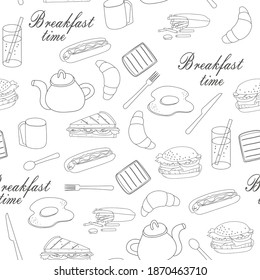 Seamless vector pattern. Manual drawing of fast food and breakfast elements. Delicious food, fast snack