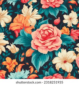 Seamless vector pattern with many abstract spring flowers. For wallpaper or fabric decoration in vintage style. Flower painting for summer. Botanical background. Vector illustration.