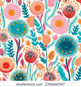 Seamless vector pattern with many abstract spring flowers. For wallpaper or fabric decoration in vintage style. Flower painting for summer. Botanical background. Vector illustration.