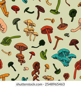 padrão de vetor sem costura com muitos cogumelos coloridos desenhados à mão sobre fundo claro
