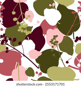 Padrão de vetor sem emenda com muitas folhas coloridas e bagas nas cores branca, rosa e verde