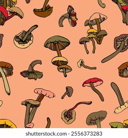 seamless vector pattern with many colorful hand drawn autumn mushrooms