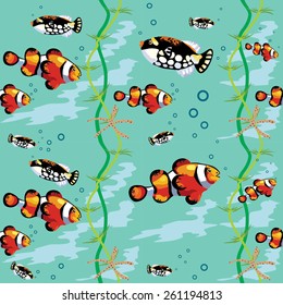 Seamless vector pattern many decorative  fishes, seaweed, starfish and bubbles on a aquamarine  background.