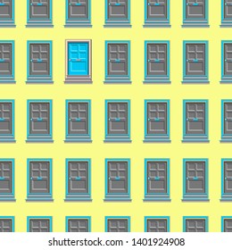 Seamless vector pattern many gray and one blue modern front doors with steps. Colorful architectural background. Cartoon house illustration. Cute entry