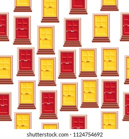 Seamless vector pattern with many red and yellow modern front doors with steps on white. Colorful architectural background. Cartoon house illustration. Cute entry