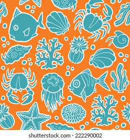 seamless vector pattern with marine animals and plants