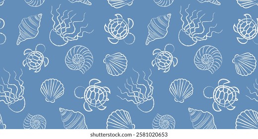 Seamless vector pattern with marine animals jellyfish turtles shells drawn white chalk on a blue background