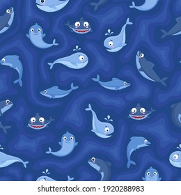 Seamless vector pattern of marine, cartoon animals. Shark, whale, dolphin. Undersea world. Background for printing, packaging, wallpaper, textile