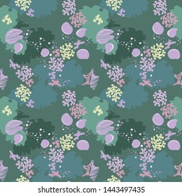 Seamless vector pattern with marine elements: shells, corals, stones. Sea bottom.