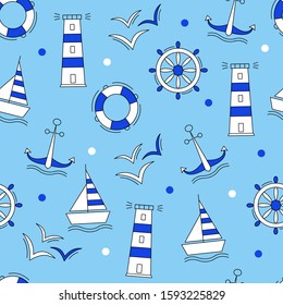 Seamless vector pattern of marine elements icons Anchor Ship Wheel Seagull lighthouse and a lifeline.