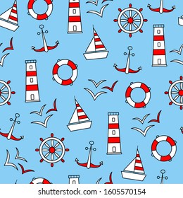 Seamless vector pattern of marine elements icons Anchor Ship Wheel Seagull lighthouse and a lifeline. Made in red white on a blue background.