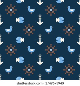 Seamless vector pattern with marine elements in a flat style. Children's background for design and printing on wallpaper, fabric, covers and other surfaces.