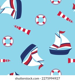 Seamless vector pattern of marine elements icons sailboat, lighthouse and  lifeline on a blue background.