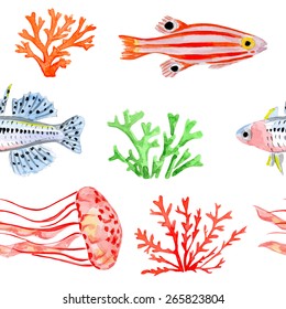 Seamless vector pattern with marine fish. Vector illustration. Watercolor background.