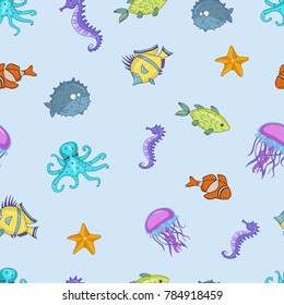 Seamless vector pattern with marine inhabitants: octopus, fish, jellyfish.