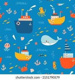 Seamless vector pattern with marine life and ships. Fish, ships, jellyfish, octopus, whale, sea ​​horse, corals. Design for children's clothing, wallpaper, wrapping paper, web page background, textil