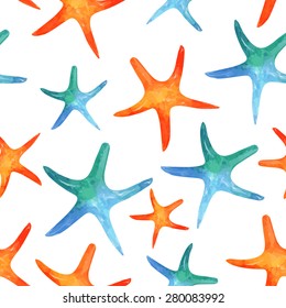 Seamless vector pattern with marine starfish. Watercolor background. Can be used for fabric, wallpaper, banner, pack, web page. Isolated elements for easy use.