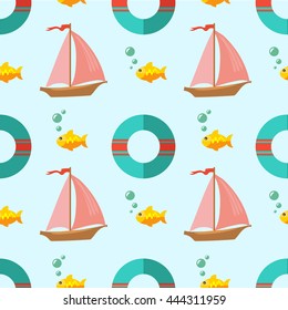 Seamless vector pattern in marine style with sailing ship, life buoy and fish.