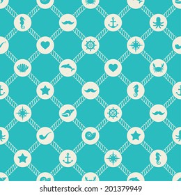 Seamless vector pattern of marine symbols and rope. Sea life.