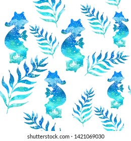 Seamless vector pattern with marine tropical leaves and seahorse. Vector illustration. Watercolor blue sea background. Isolated elements for easy use.