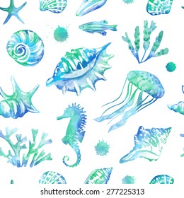 Seamless vector pattern with marine tropical fish and seashells. Vector illustration. Watercolor blue sea background. Isolated elements for easy use.
