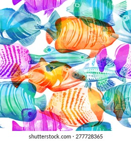 Seamless vector pattern with marine tropical fish. Watercolor texture. Can be used for fabric, wallpaper, pack. Blobs, stain, paints blot. Isolated elements for easy use.