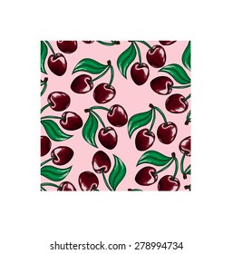 Seamless vector pattern. maroon cherries with green leaves randomly placed on a purple background.