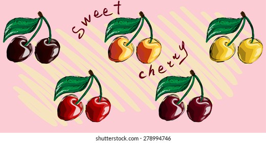 Seamless vector pattern. maroon cherries with green leaves randomly located on gentle pink background.