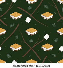 Seamless vector pattern with s’mores, marshmallows on sticks, and evergreen needles on a forest green background. Fun food illustration for gift wrap, fabric, packaging, paper goods, accessories.