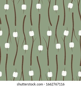 Seamless vector pattern with marshmallows on sticks ready to be toasted. Outdoorsy design on a sage green background. Fun food illustration for gift wrap, fabric, packaging, wallpaper, stationery.