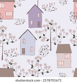 Seamless vector pattern May city. Houses and flowering trees of delicate colors.