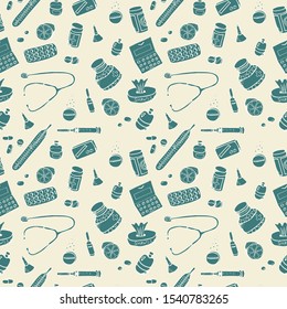 Seamless vector pattern with medical elements. Hand-drawn doodle style. For ornaments, factories, textiles, wallpaper, packaging, medical design