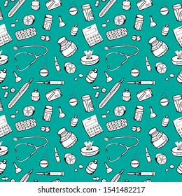 Seamless vector pattern with medical elements. Hand-drawn doodle style. For ornaments, factories, textiles, wallpaper, packaging, medical design