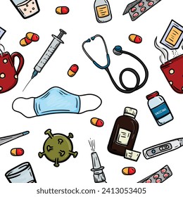 Seamless vector pattern with medical elements, drugs, viruses, pills, vaccine and cup of tea