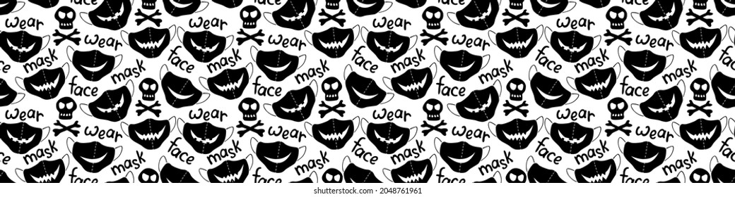 Seamless vector pattern of medical protect face masks. Halloween background and texture with lettering in flat style. Virus protection, quarantine. Covid-19 pandemic