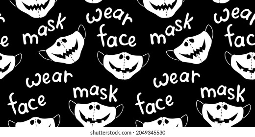 Seamless vector pattern of medical protect face masks. Halloween background and texture with lettering in flat style. Virus protection, quarantine. Covid-19 pandemic
