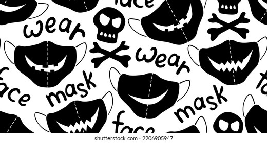 Seamless vector pattern of medical protect face masks. Halloween background and texture with lettering in flat style. Virus protection, quarantine. Covid-19 pandemic