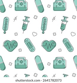 Seamless vector pattern of medical symbols, green images of first-aid kits, tablets, syringes, thermometers, patches, ECG hearts, small hearts and crosses.
