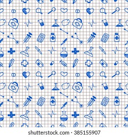 Seamless vector pattern medical tools and pills, checkered background with colorful pills, syringe, thermometer, bag, flask.Hand sketch drawing, Series of Medical and Hand Drawn Seamless Patterns.