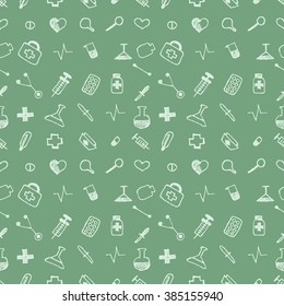 Seamless vector pattern medical tools and pills, green chaotic background with pills, syringe, thermometer, bag, flask. Hand sketch drawing, Series of Medical and Hand Drawn Seamless Patterns.