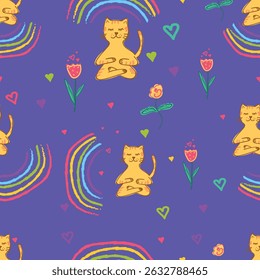 Seamless vector pattern with meditating cats, rainbows and hearts on purple background – colorful and fun design for kids' products and decoration.