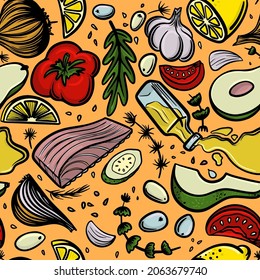 Seamless vector pattern of Mediterranean food on the yellow background : red fish, avocado, garlic, onion, tomato, olives, lemon, oil, cucumber