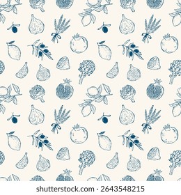 Seamless vector pattern of Mediterranean fruits including lemon, pomegranate, fig, and olive in a doodle illustration style. Perfect for packaging, textiles, backgrounds, and culinary designs