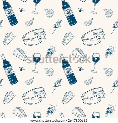 Seamless vector pattern with Mediterranean-themed doodle icons: wine bottle, glass, cheese, olive, and fig in blue tones. Fresh and elegant design for food and lifestyle projects